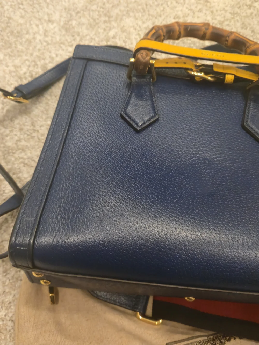 Gucci Navy Leather Bamboo Handle Tote with Yellow Accent